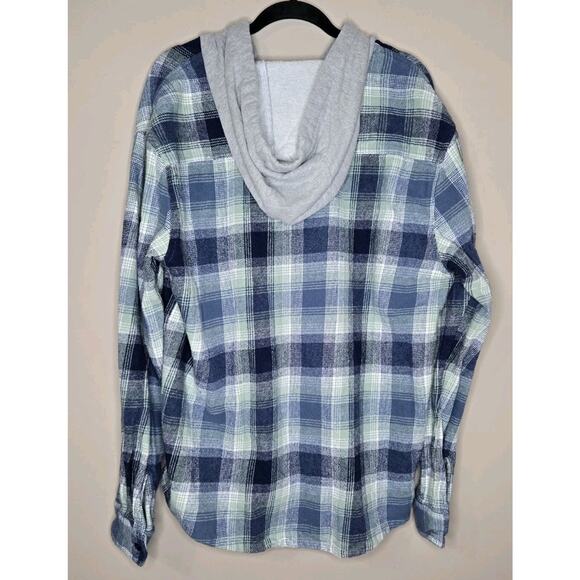 Quiksilver Mens Button UpFlannel Hoodie Blue Green Plaid Size Extra Large - Picture 2 of 8